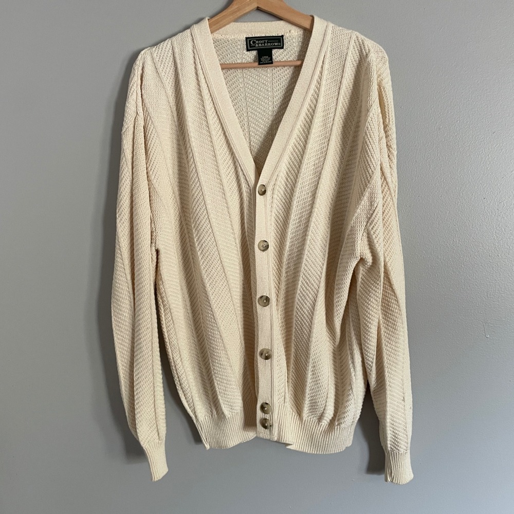 VTG Croft & Barrow Cardigan Mens Large Cream Cotton Textured Knit Grandpa Core